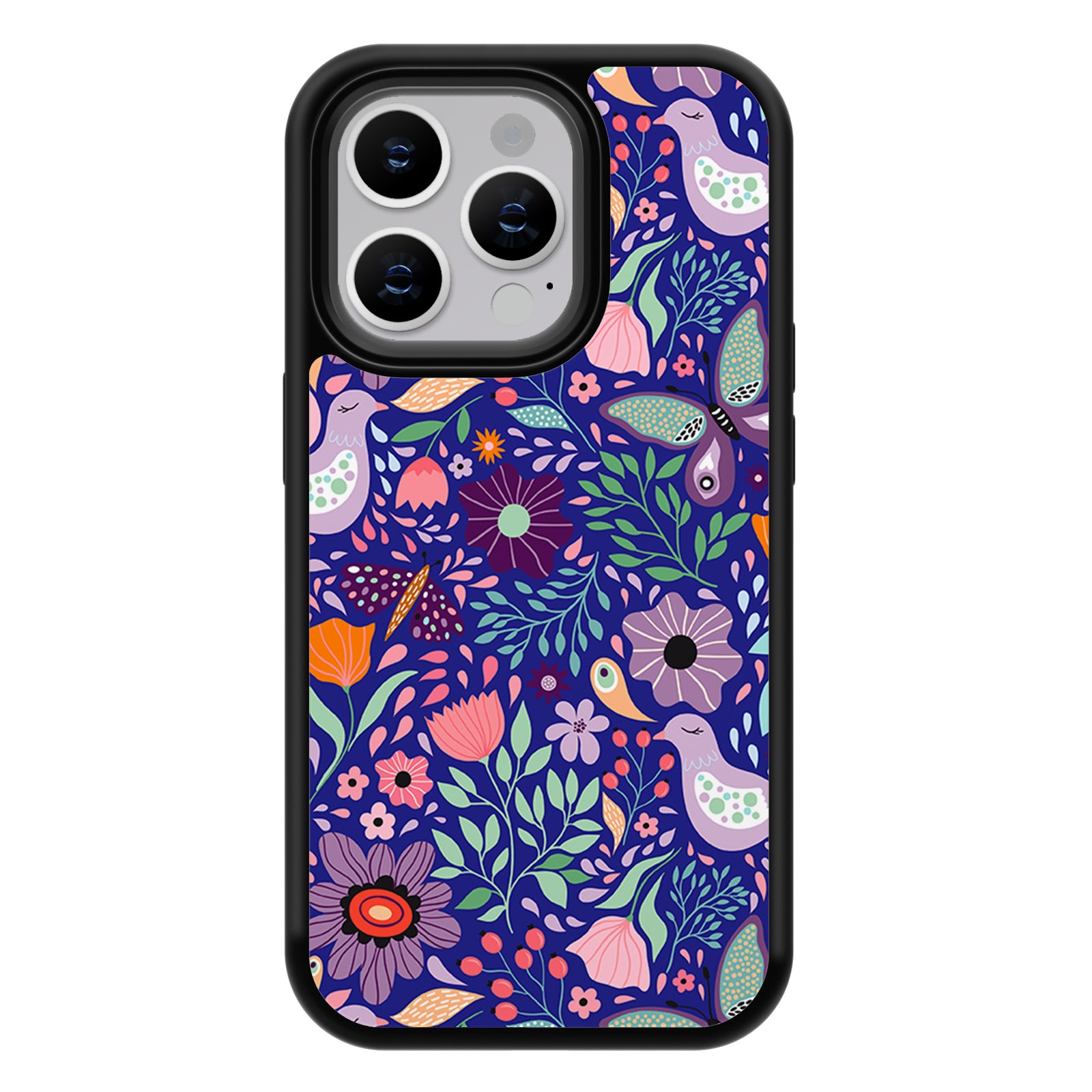 Bright Floral Series iPhone Case MagSafe Compatible-Navy blue